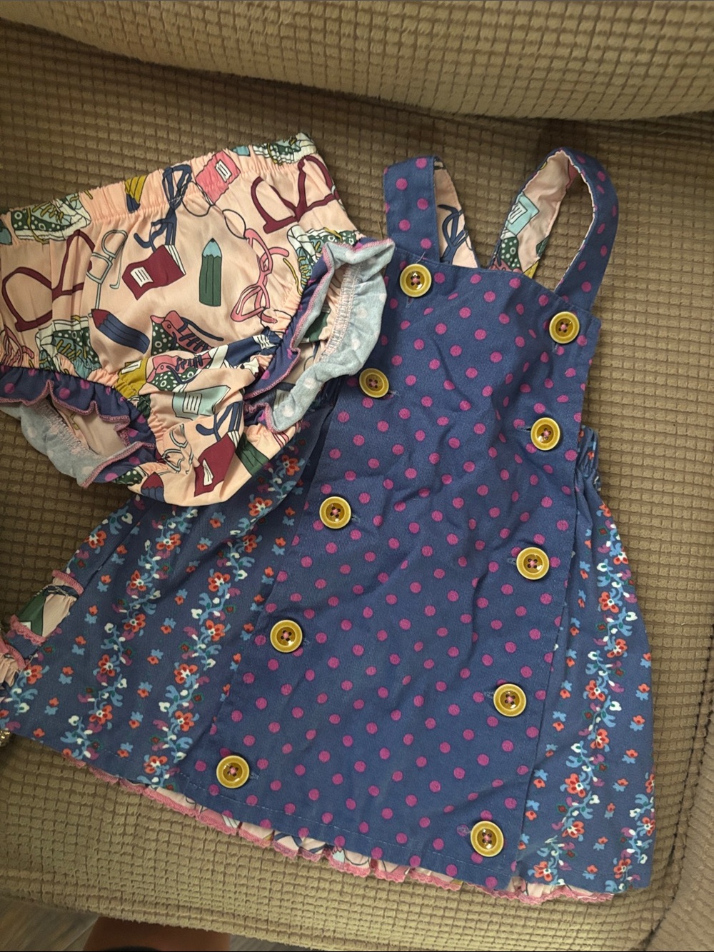 Matilda Jane Purple and Pink Polka Dot Pinafore Dress with Floral Trim